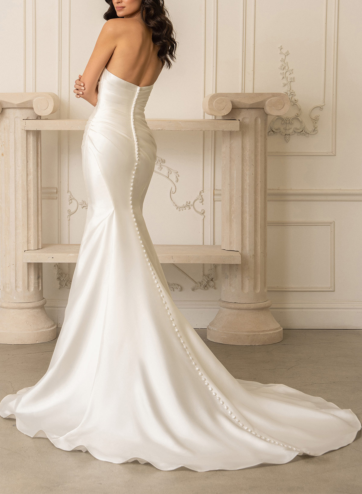 Trumpet/Mermaid Strapless Detachable Sleeves Court Train Matte Satin Wedding Dresses