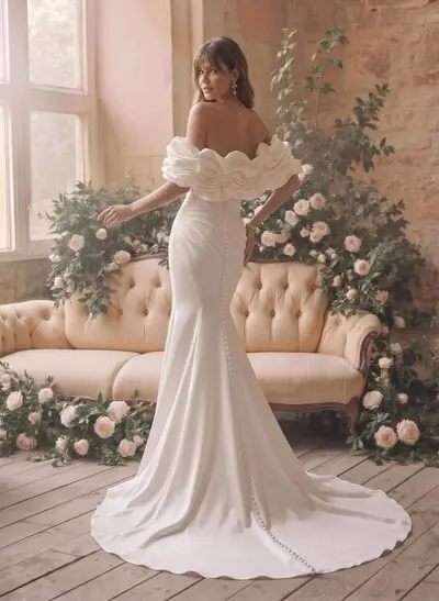 Trumpet/Mermaid Strapless Detachable Sleeves Court Train Matte Satin Wedding Dresses