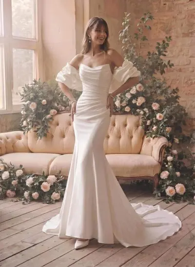 Trumpet/Mermaid Strapless Detachable Sleeves Court Train Matte Satin Wedding Dresses