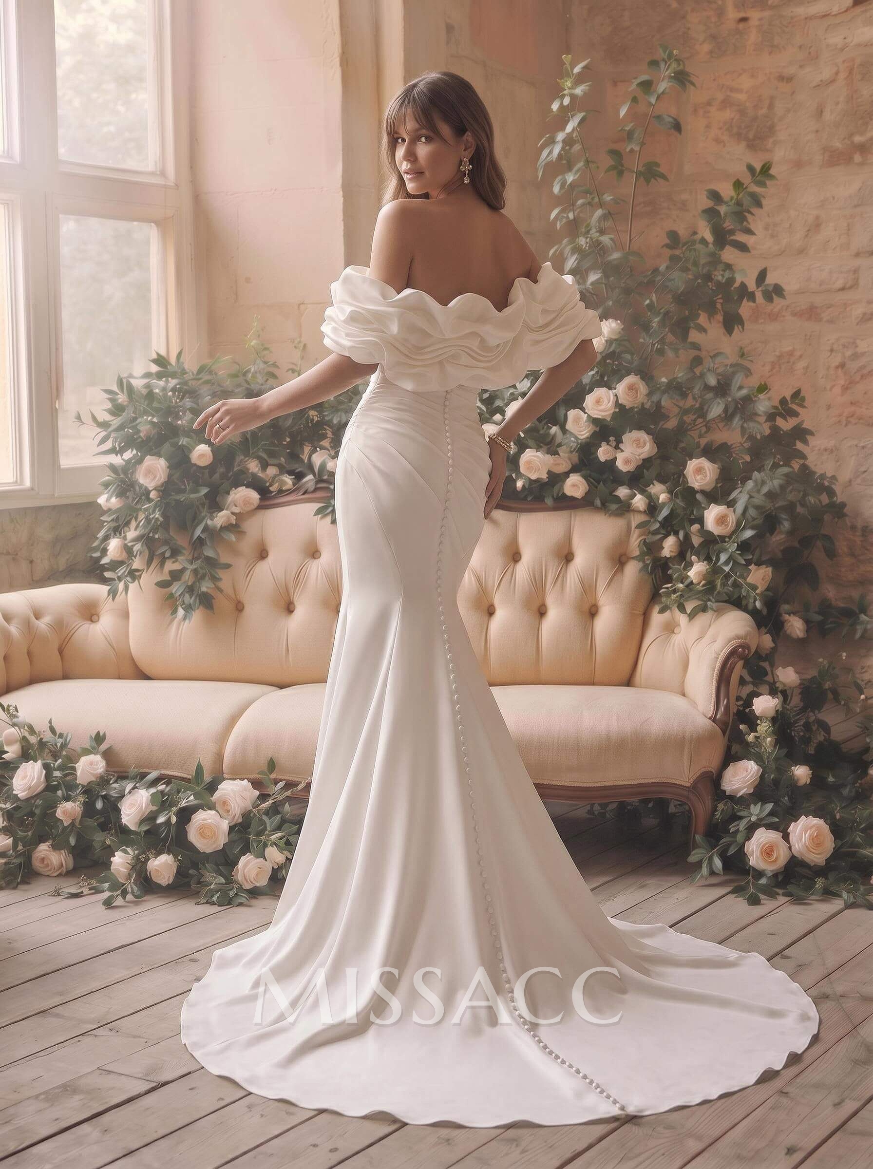 Trumpet/Mermaid Strapless Detachable Sleeves Court Train Matte Satin Wedding Dresses