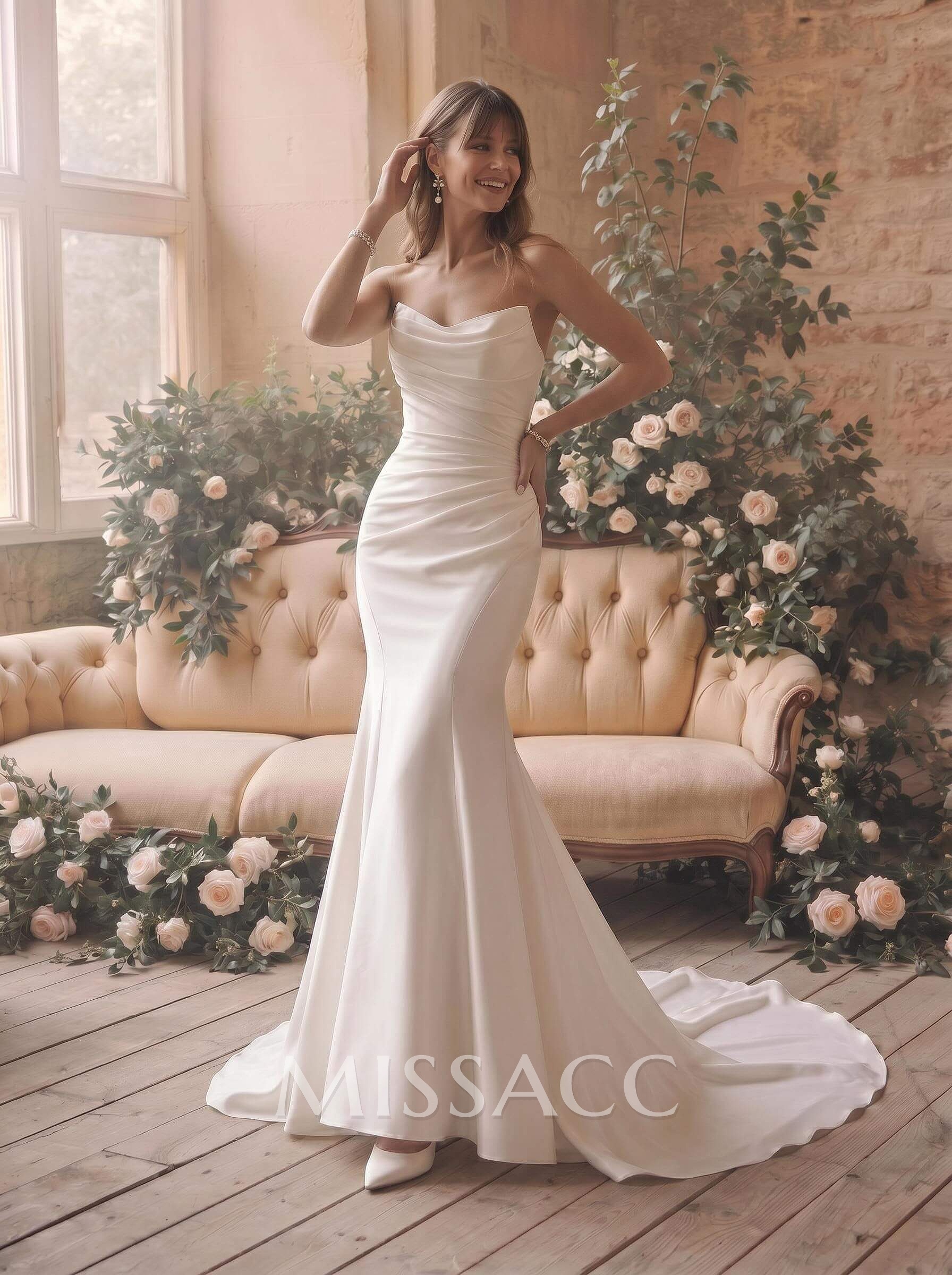 Trumpet/Mermaid Strapless Detachable Sleeves Court Train Matte Satin Wedding Dresses