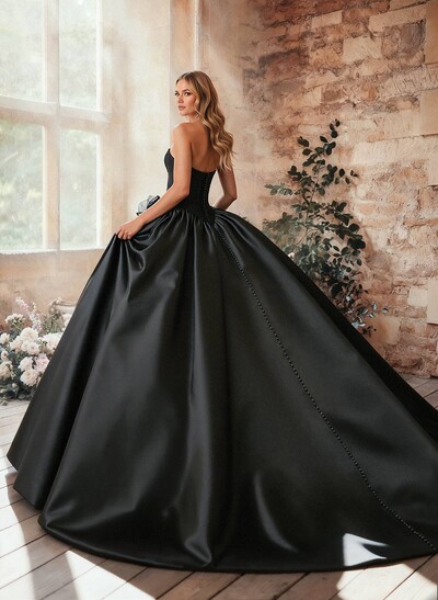 A-Line Strapless Sleeveless Sweep Train Satin Wedding Dresses With Flower(s)/High Split