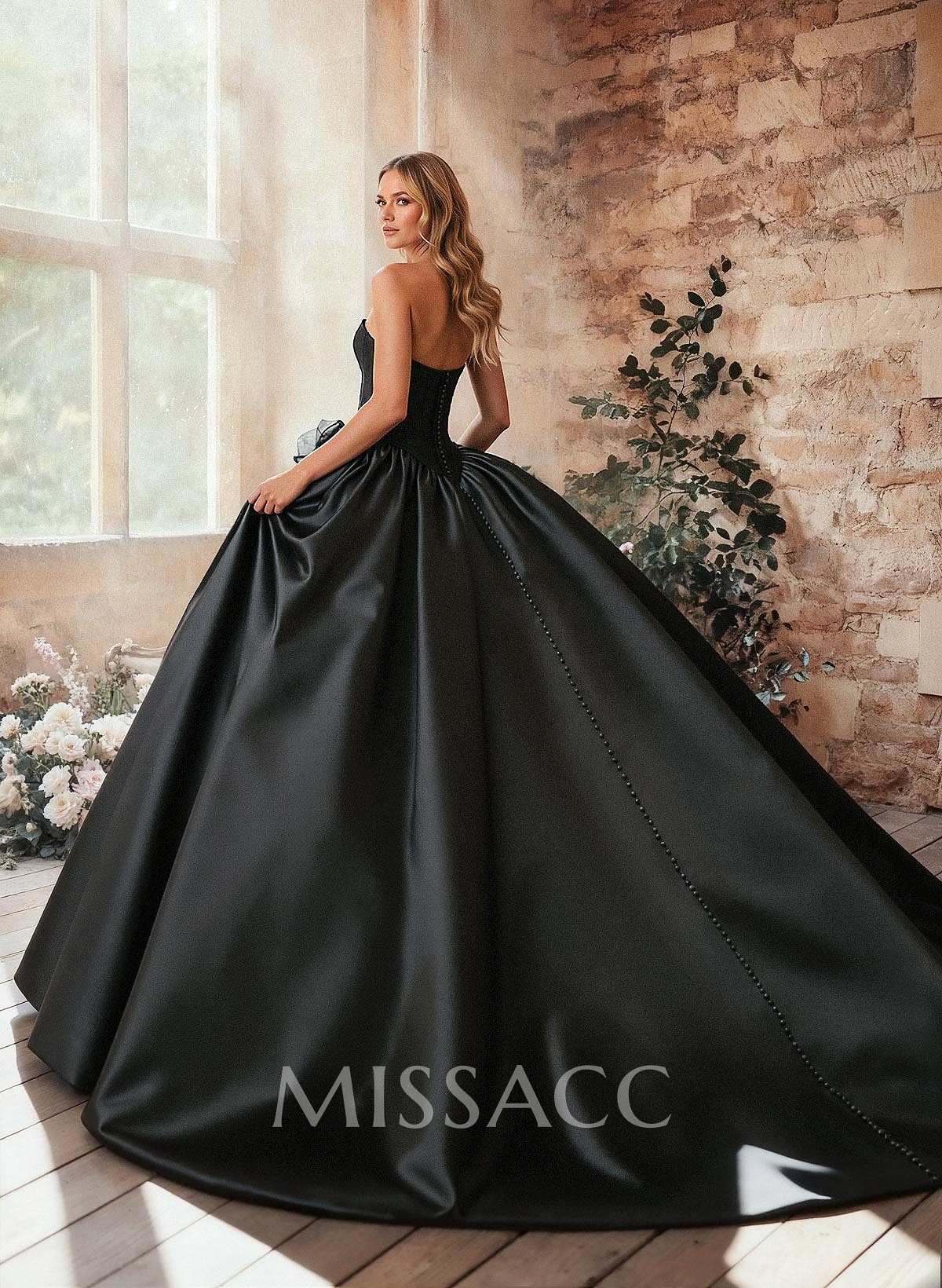 A-Line Strapless Sleeveless Sweep Train Satin Wedding Dresses With Flower(s)/High Split A-Line Strapless Sleeveless Sweep Train Satin Wedding Dresses With Flower(s)/High Split