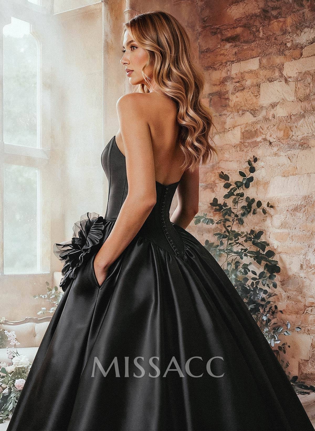 A-Line Strapless Sleeveless Sweep Train Satin Wedding Dresses With Flower(s)/High Split A-Line Strapless Sleeveless Sweep Train Satin Wedding Dresses With Flower(s)/High Split