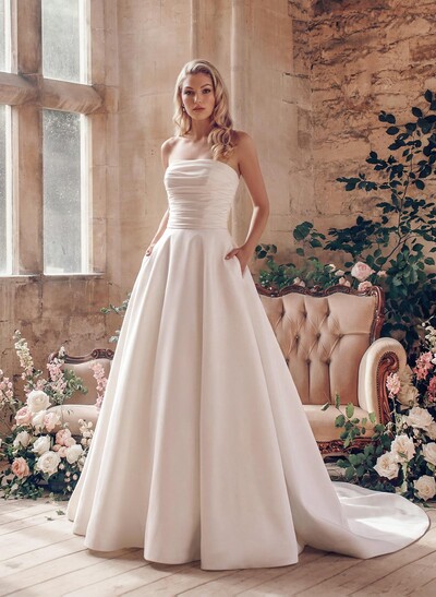 A-Line Dress Features A Ballgown Overskirt Strapless Satin Wedding Dresses With 3D Floral