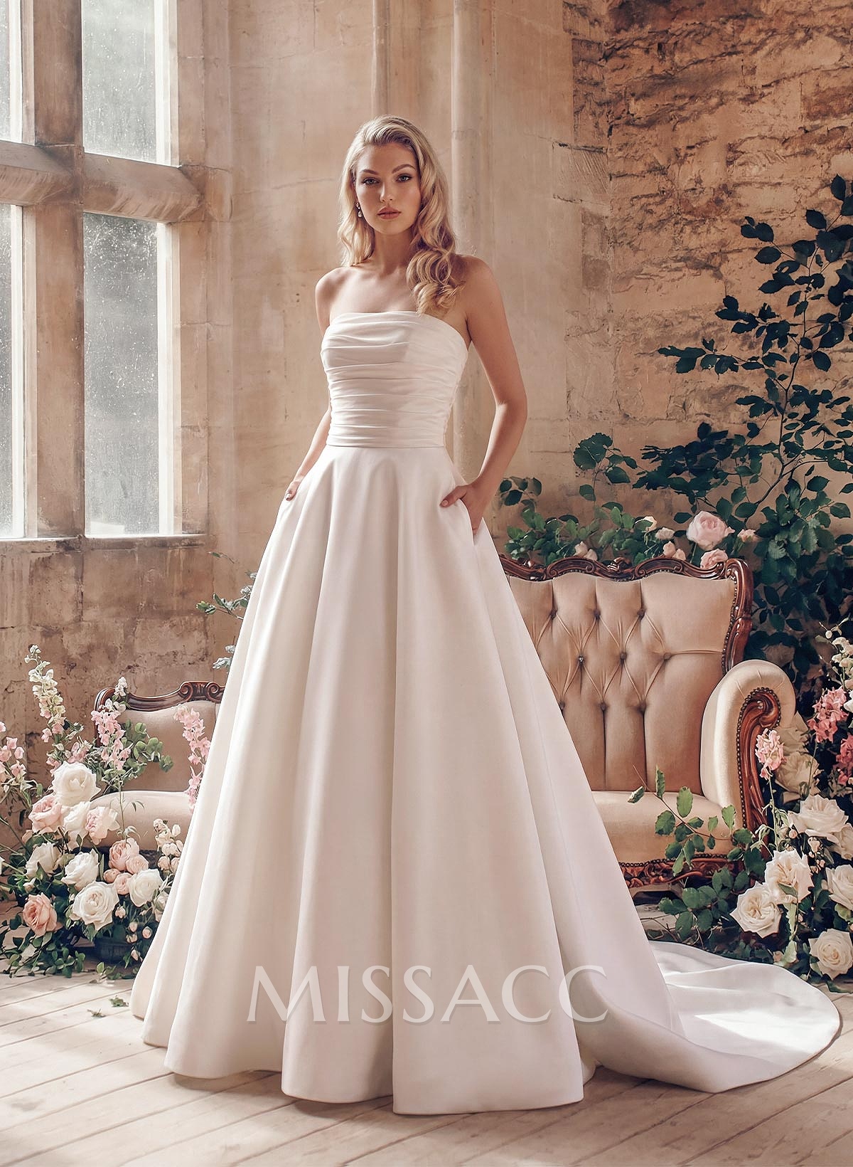 Multiway Dress Features A Ballgown Overskirt Strapless Satin Wedding Dresses With 3D Floral