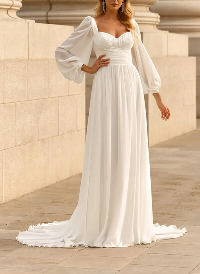 A-Line Sweetheart Long Sleeves Sweep Train Chiffon Wedding Dresses