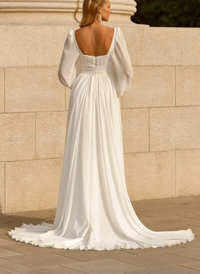 A-Line Sweetheart Long Sleeves Sweep Train Chiffon Wedding Dresses