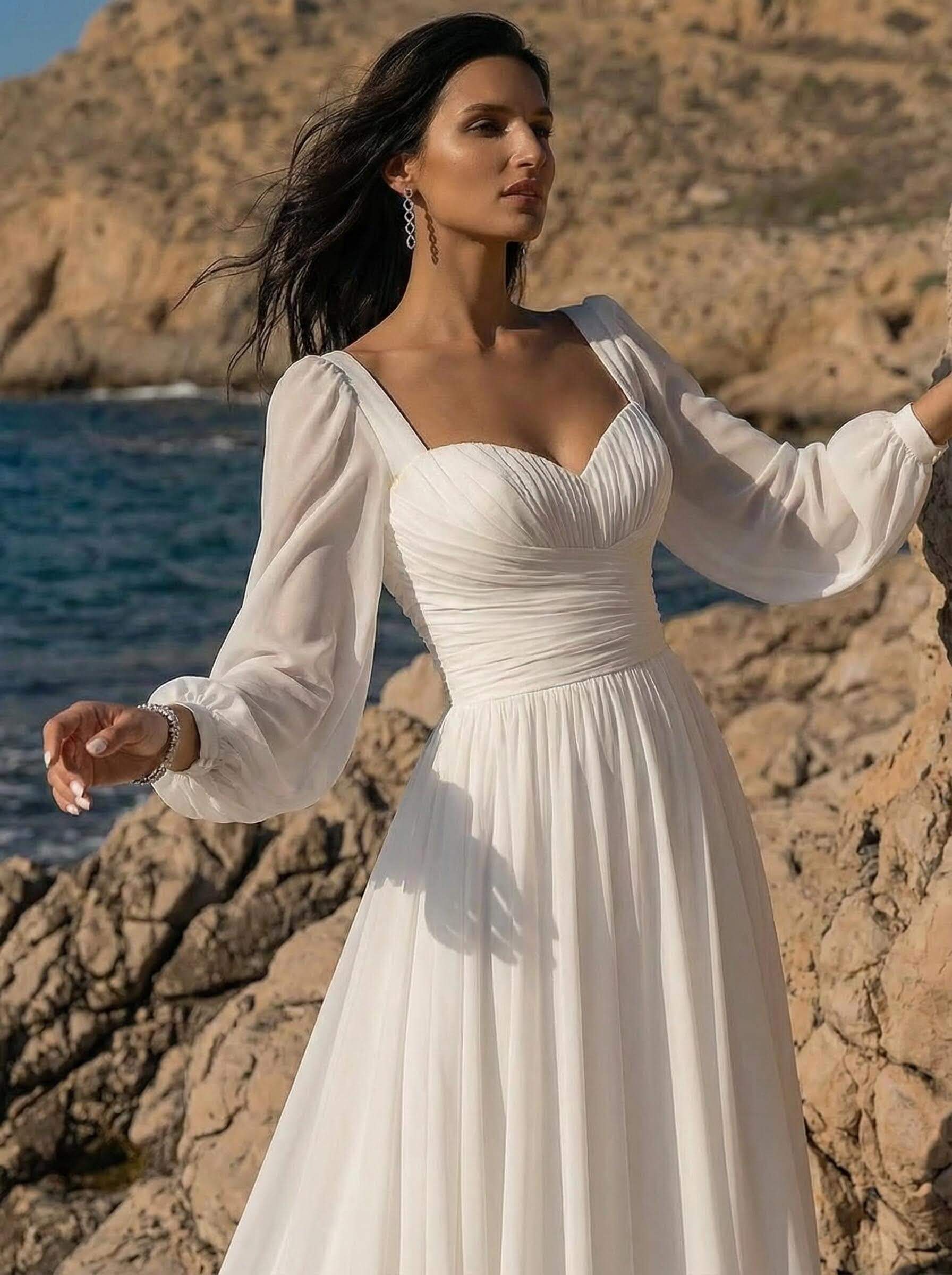 A-Line Sweetheart Long Sleeves Sweep Train Chiffon Wedding Dresses