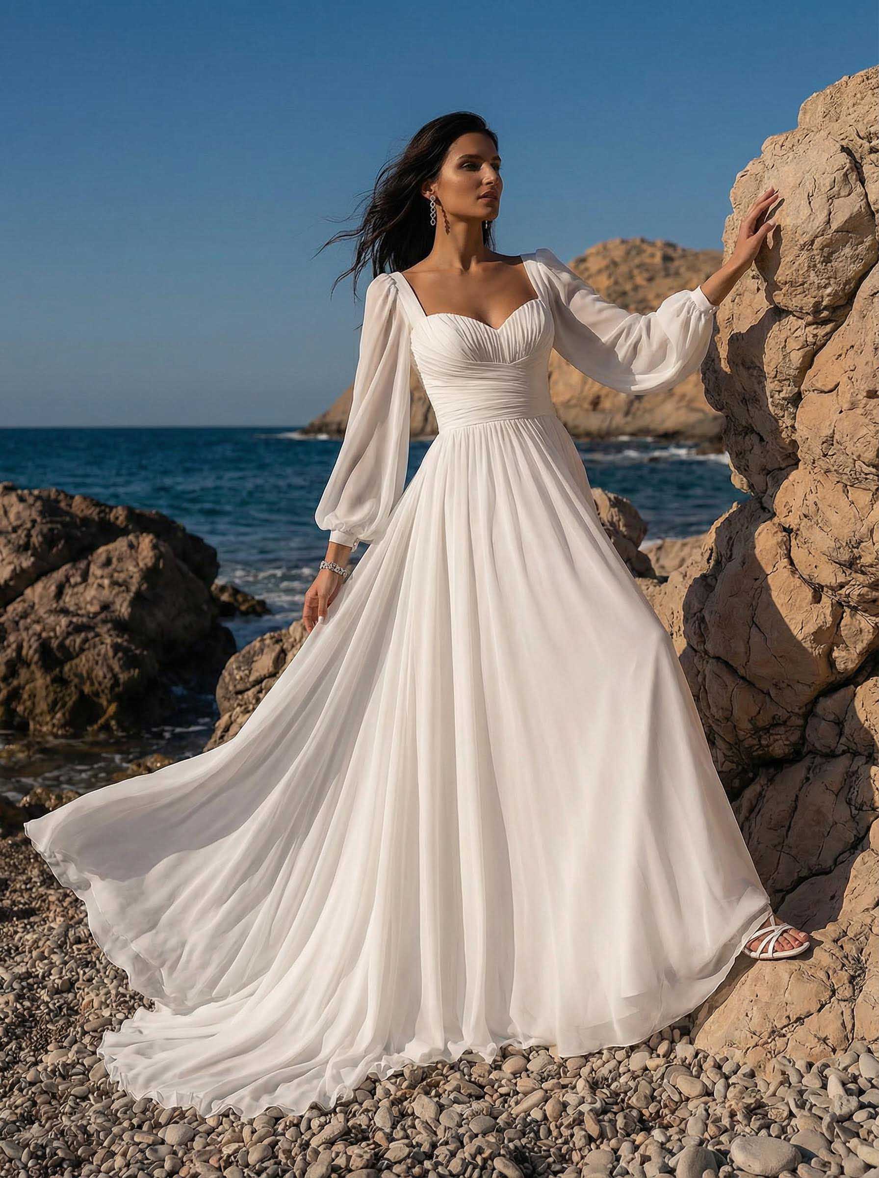 A-Line Sweetheart Long Sleeves Sweep Train Chiffon Wedding Dresses