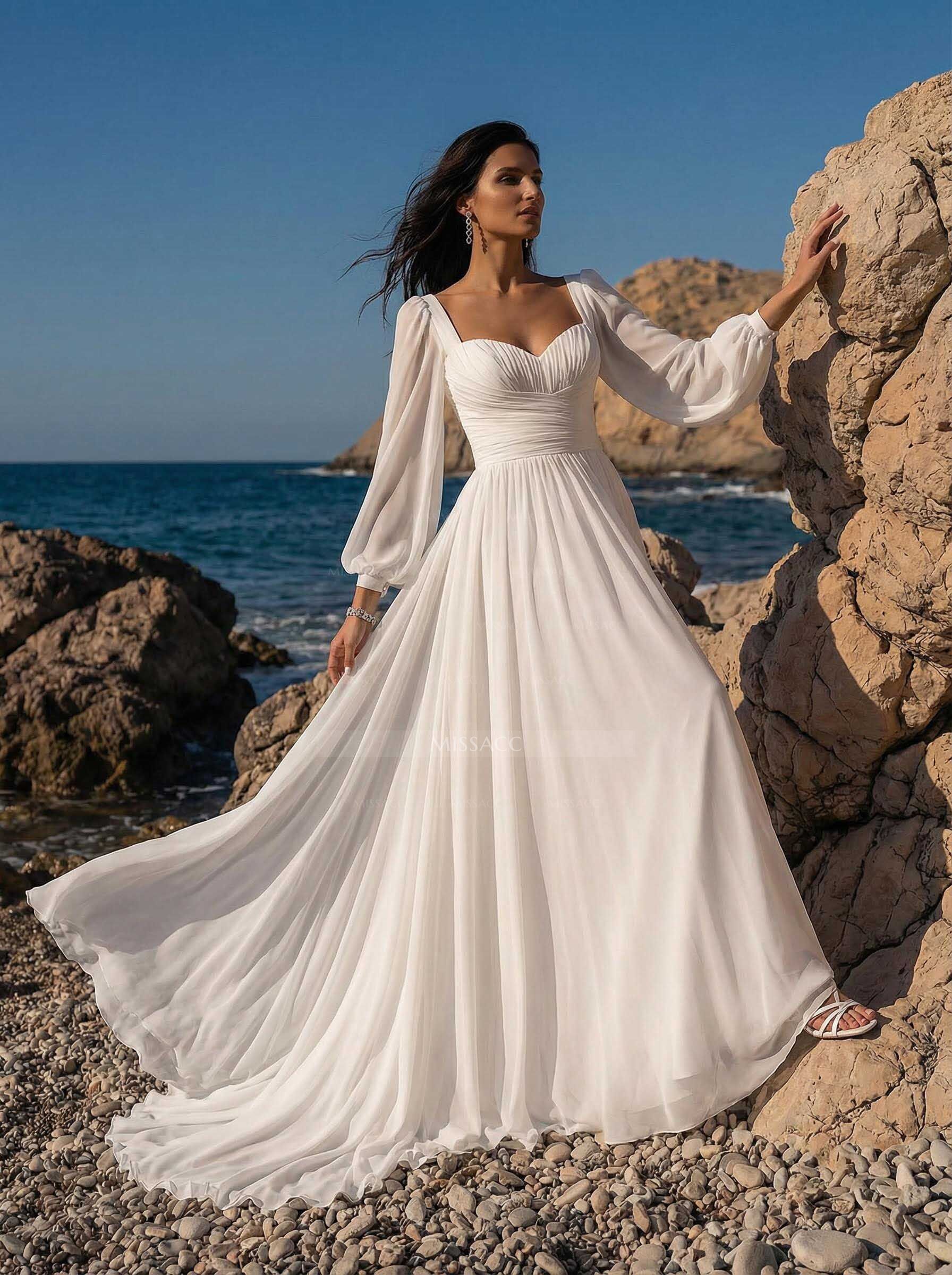 A-Line Sweetheart Long Sleeves Sweep Train Chiffon Wedding Dresses