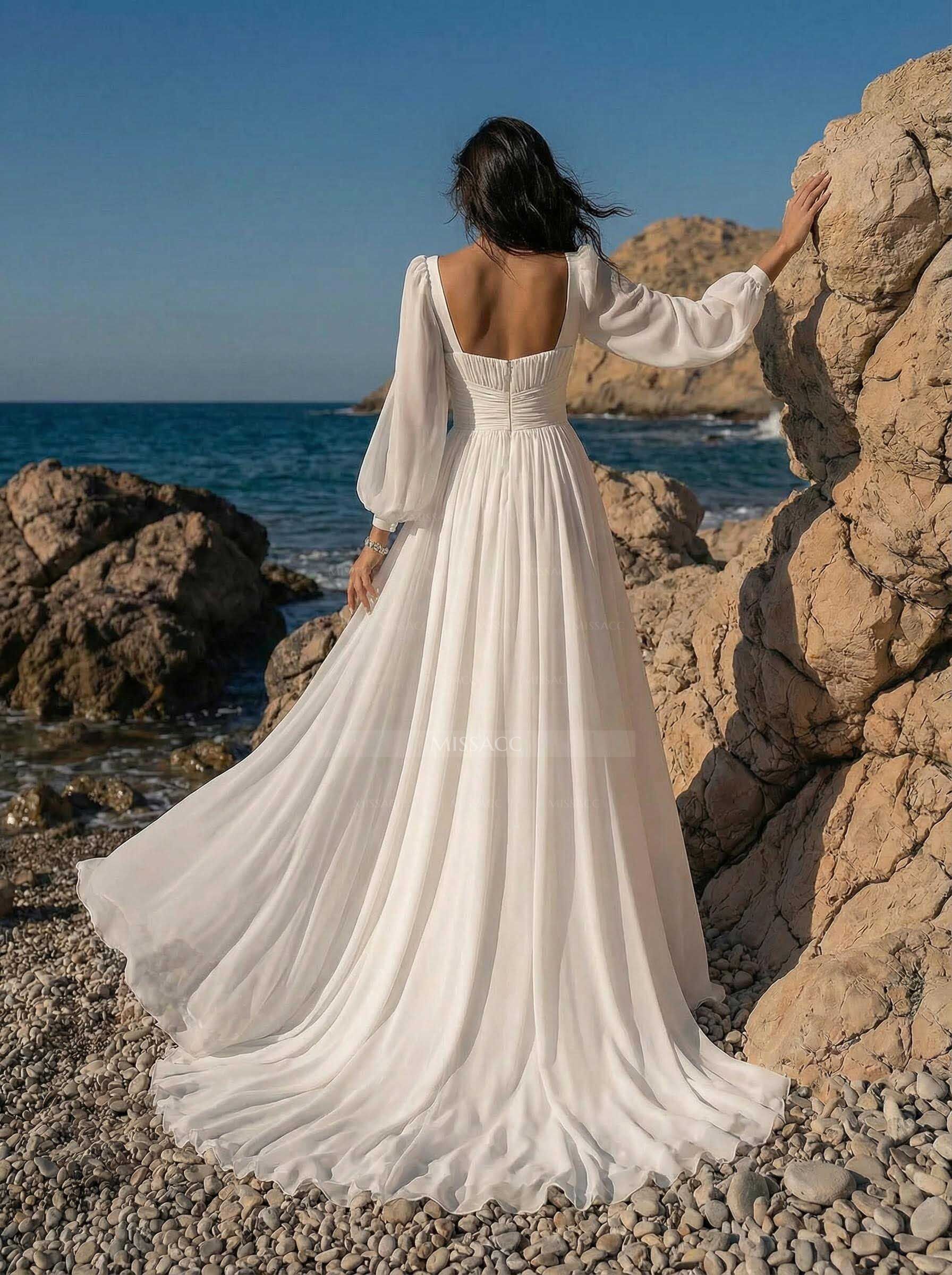 A-Line Sweetheart Long Sleeves Sweep Train Chiffon Wedding Dresses