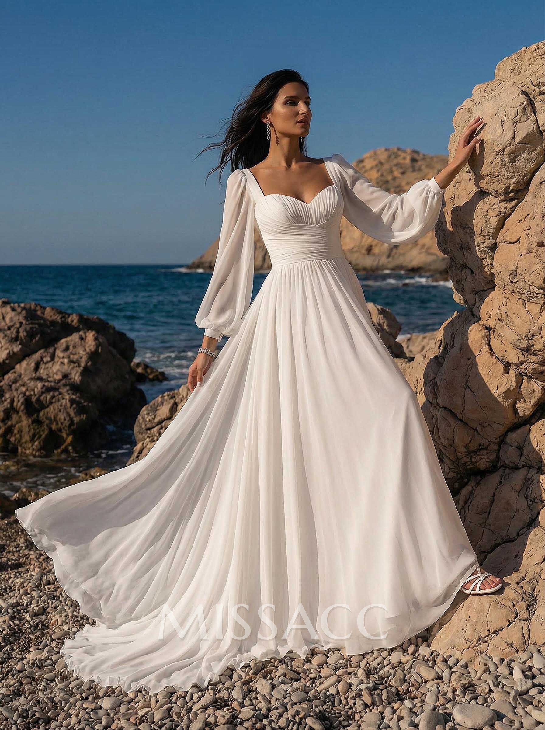 A-Line Sweetheart Long Sleeves Sweep Train Chiffon Wedding Dresses A-Line Sweetheart Long Sleeves Sweep Train Chiffon Wedding Dresses