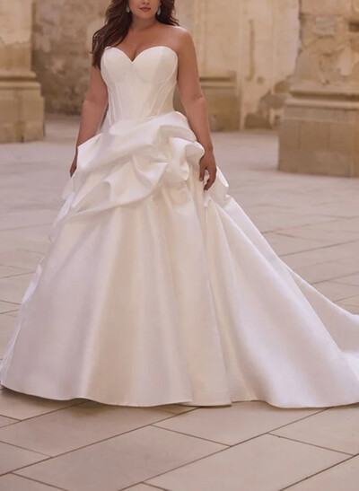 A-Line Sweetheart Sleeveless Court Train Satin Wedding Dresses