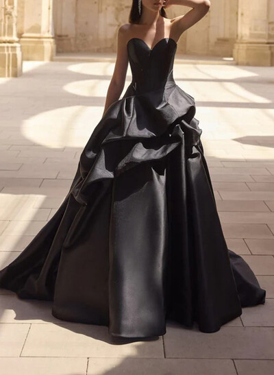 A-Line Sweetheart Sleeveless Court Train Satin Wedding Dresses