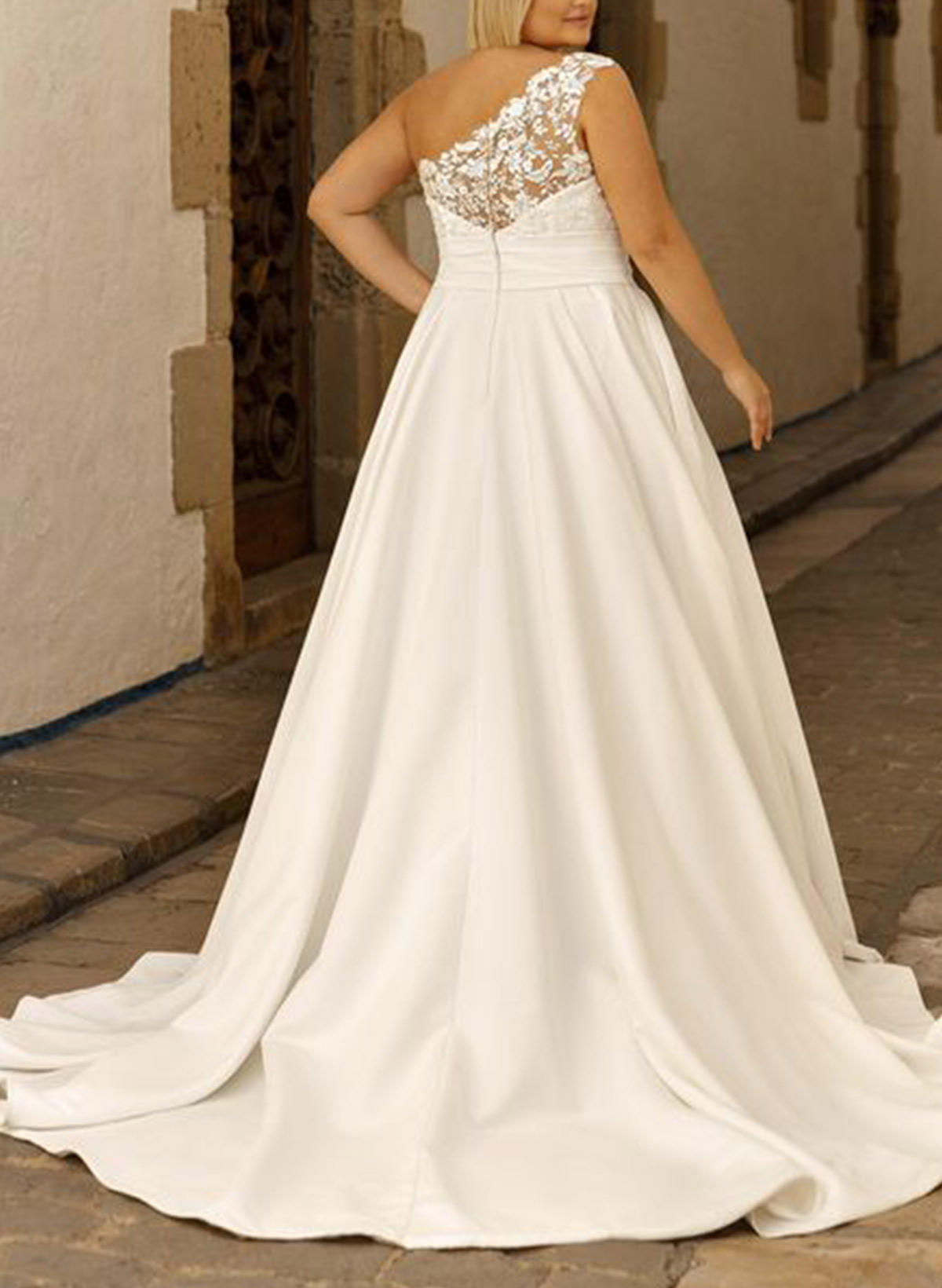 A-Line One-Shoulder Sleeveless Sweep Train Satin Wedding Dresses With Appliques Lace