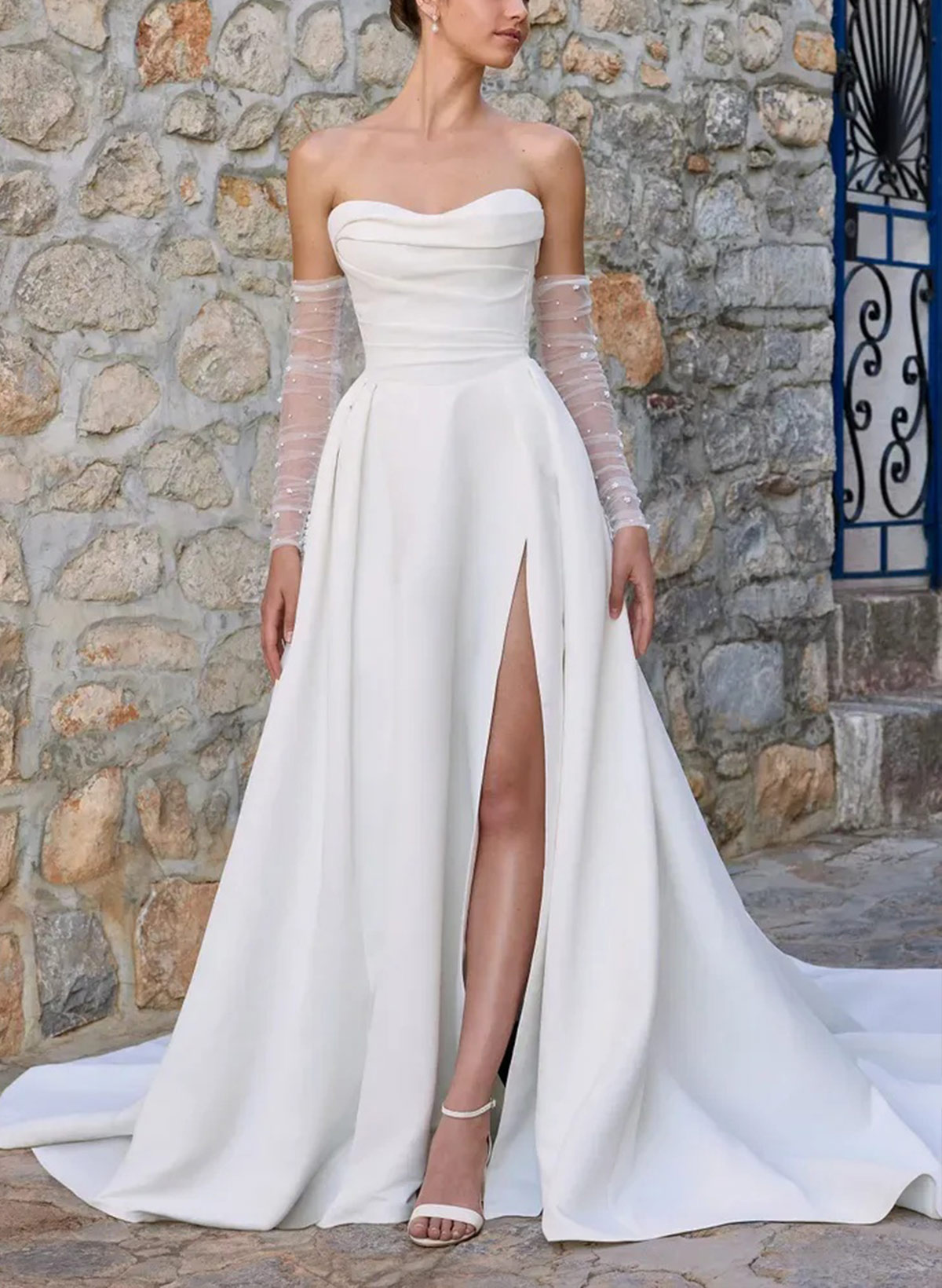 A-Line Strapless Detachable Sleeves Court Train Wedding Dresses With High Split