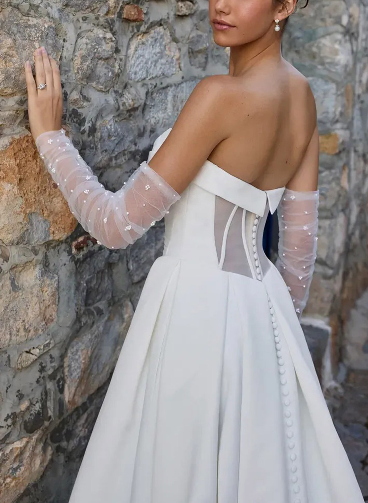 A-Line Strapless Detachable Sleeves Court Train Wedding Dresses With High Split
