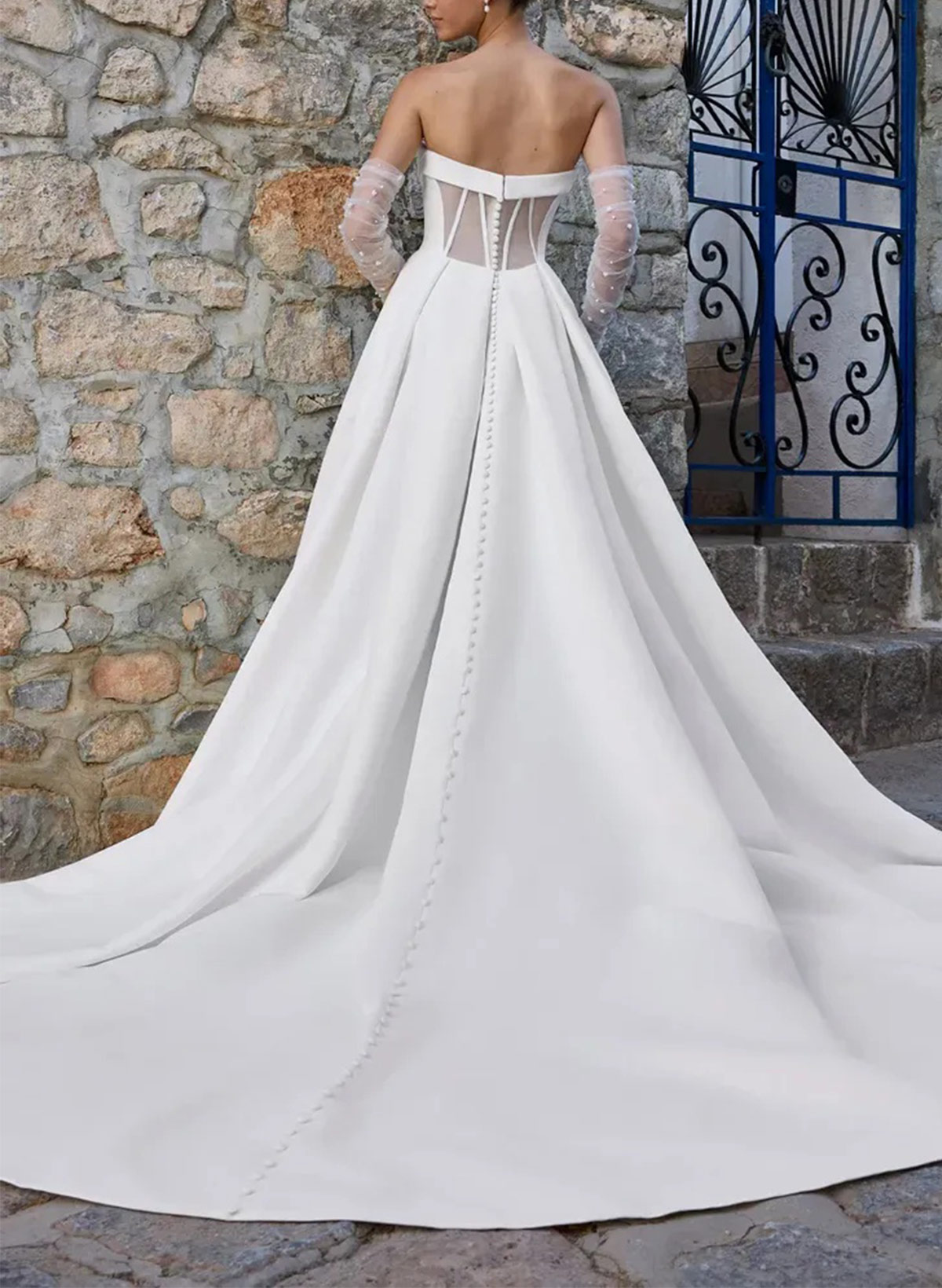 A-Line Strapless Detachable Sleeves Court Train Wedding Dresses With High Split