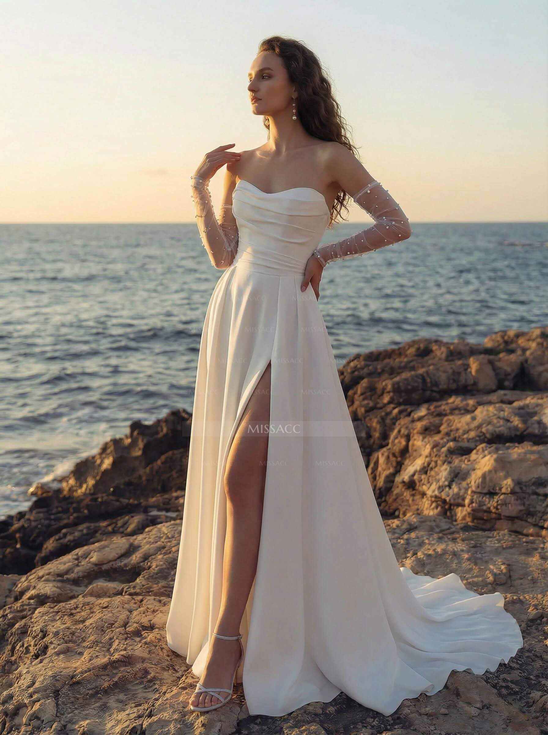 A-Line Strapless Detachable Sleeves Court Train Wedding Dresses With High Split