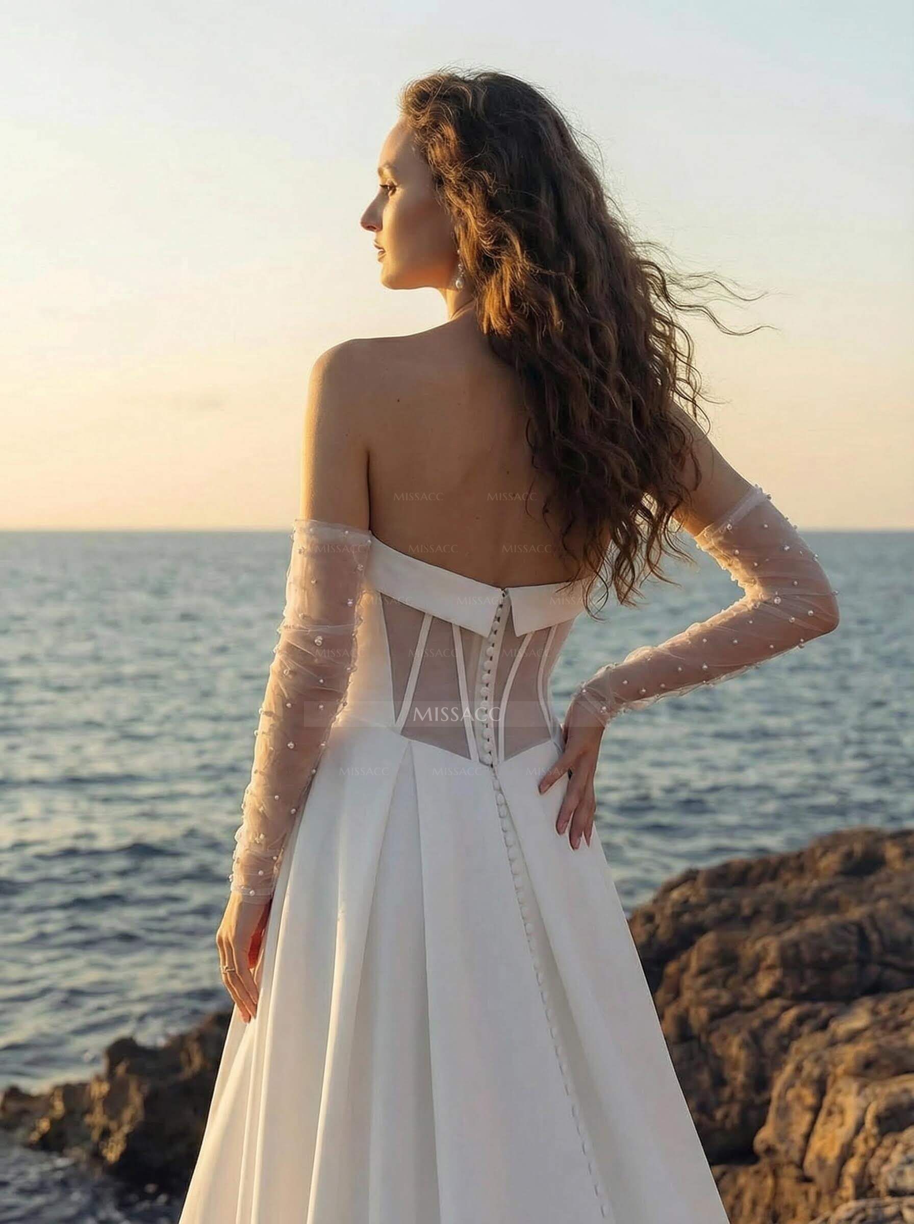 A-Line Strapless Detachable Sleeves Court Train Wedding Dresses With High Split