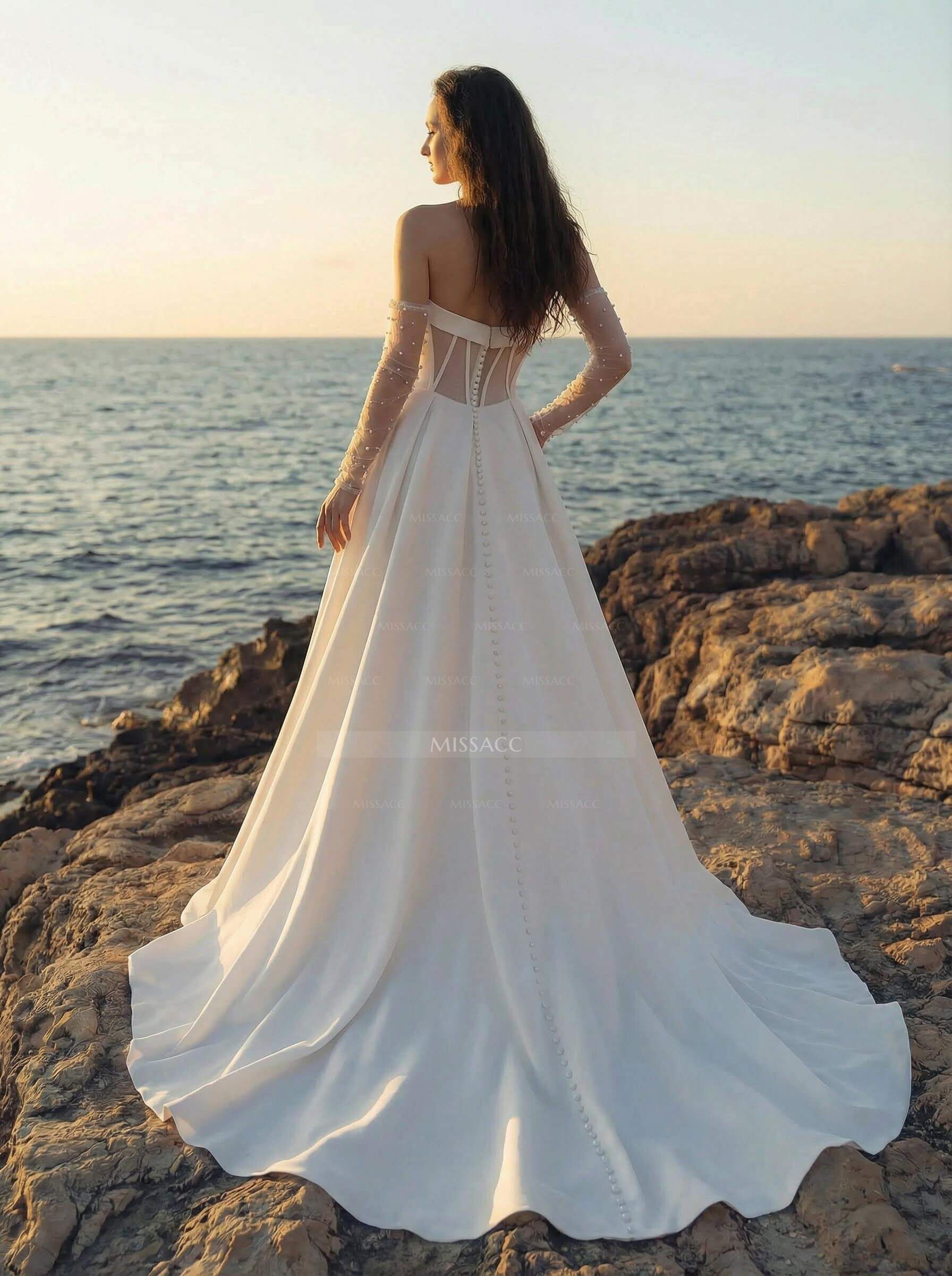 A-Line Strapless Detachable Sleeves Court Train Wedding Dresses With High Split
