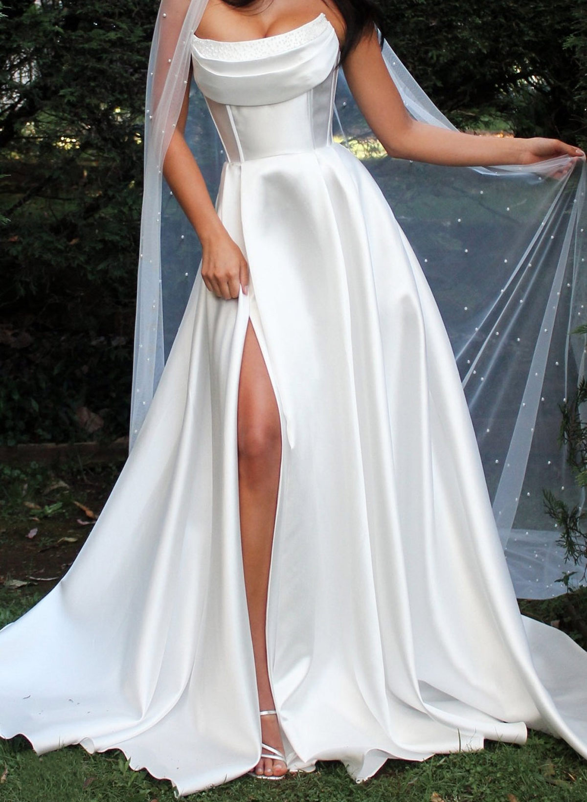Elegant Cowl Neck Sleeveless A-Line Sweep Train Satin Wedding Dresses With Sequins/High Split
