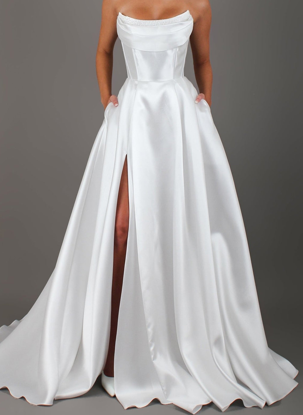 Elegant Cowl Neck Sleeveless A-Line Sweep Train Satin Wedding Dresses With Sequins/High Split