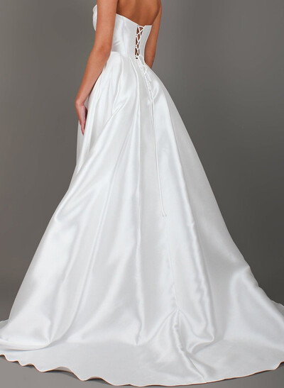 Elegant Cowl Neck Sleeveless A-Line Sweep Train Satin Wedding Dresses With Sequins/High Split