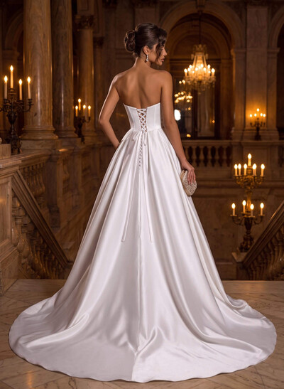 Elegant Cowl Neck Sleeveless A-Line Satin Wedding Dress With Sweep Train, Sequins And High Slit