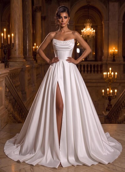 Elegant Cowl Neck Sleeveless A-Line Satin Wedding Dress With Sweep Train, Sequins And High Slit
