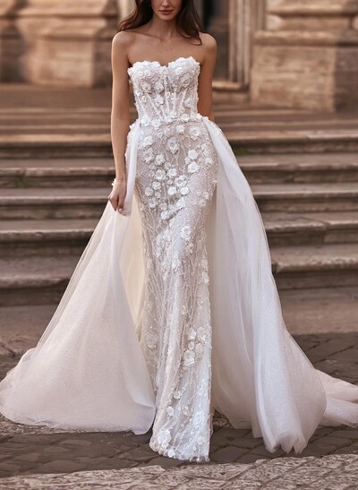 Ball-Gown Sweetheart Sleeveless Sweep Train Chiffon Lace Tulle Wedding Dresses With Appliques Lace Tiered
