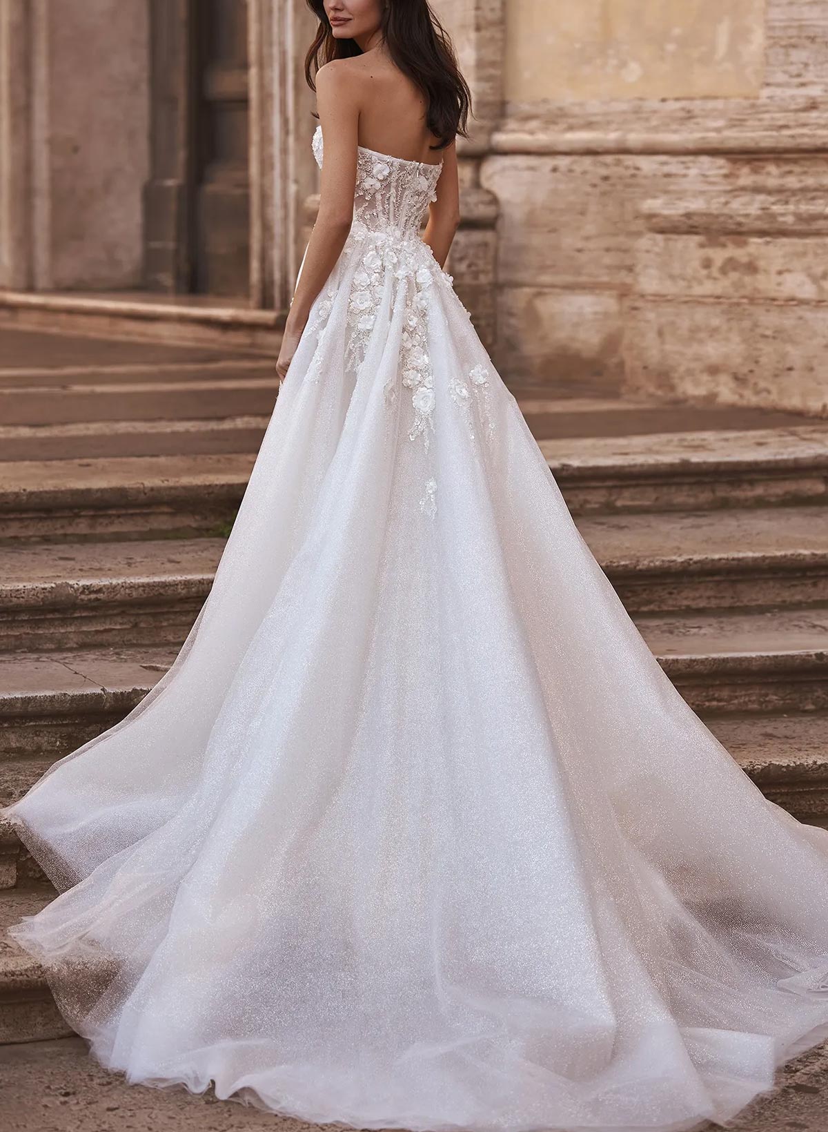 Ball-Gown Sweetheart Sleeveless Sweep Train Chiffon Lace Tulle Wedding Dresses With Appliques Lace Tiered