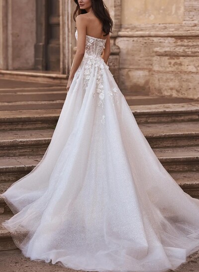 Ball-Gown Sweetheart Sleeveless Sweep Train Chiffon Lace Tulle Wedding Dresses