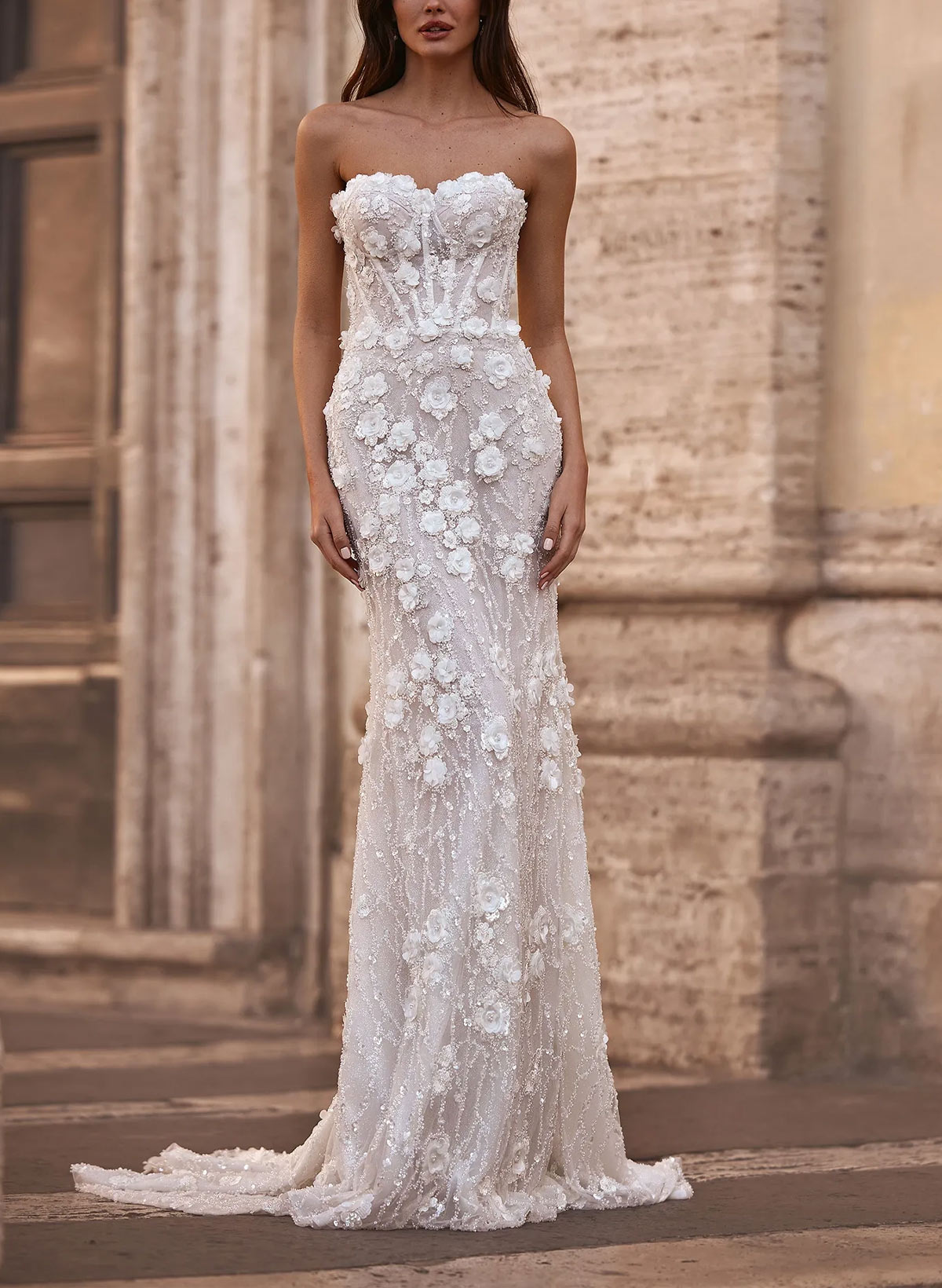 Ball-Gown Sweetheart Sleeveless Sweep Train Chiffon Lace Tulle Wedding Dresses With Appliques Lace Tiered