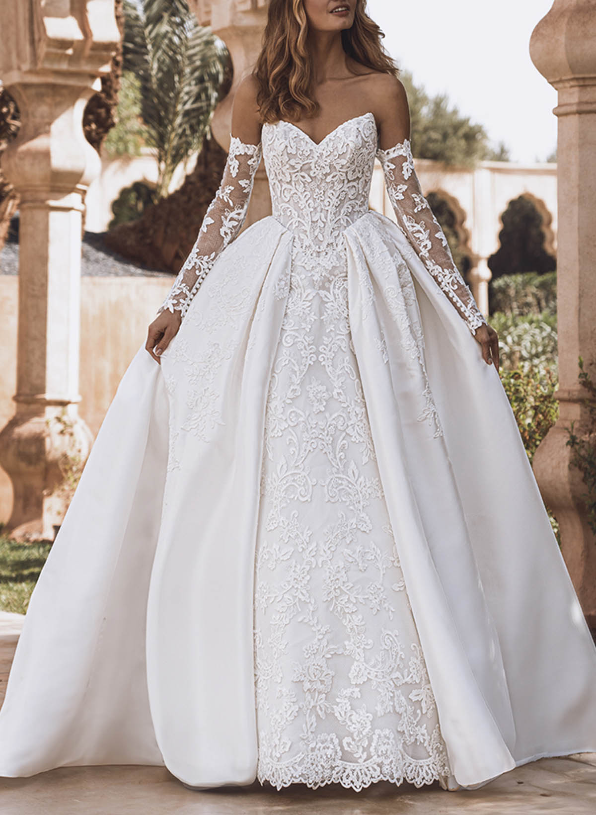 Ball-Gown Sweetheart Detachable Sleeves Court Train Detachable Lace Satin Tulle Wedding Dresses With Appliques Lace