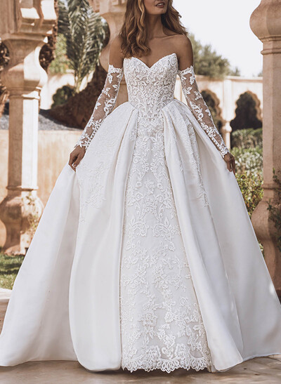 Ball-Gown Sweetheart Detachable Sleeves Court Train Detachable Lace Satin Tulle Wedding Dresses With Appliques Lace