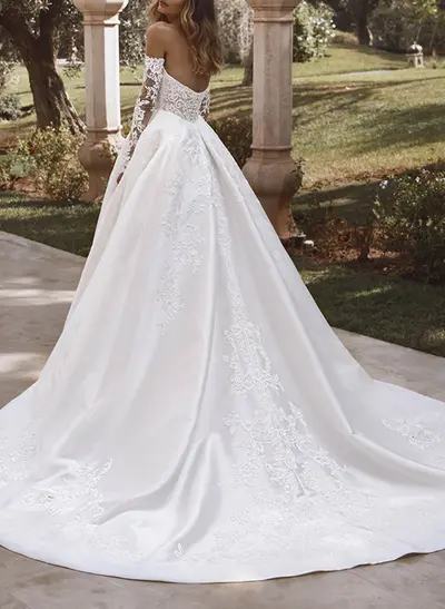 Ball-Gown Sweetheart Detachable Sleeves Court Train Detachable Lace Satin Tulle Wedding Dresses With Appliques Lace