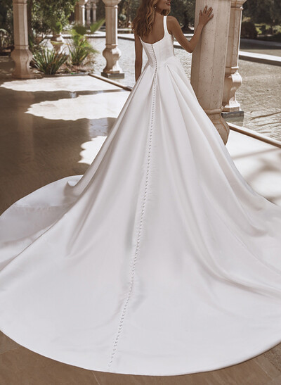 Trumpet Mermaid Square Neckline Sleeveless Chapel Train/Detachable Satin Elastic Satin Wedding Dresses With Lace Appliques Lace