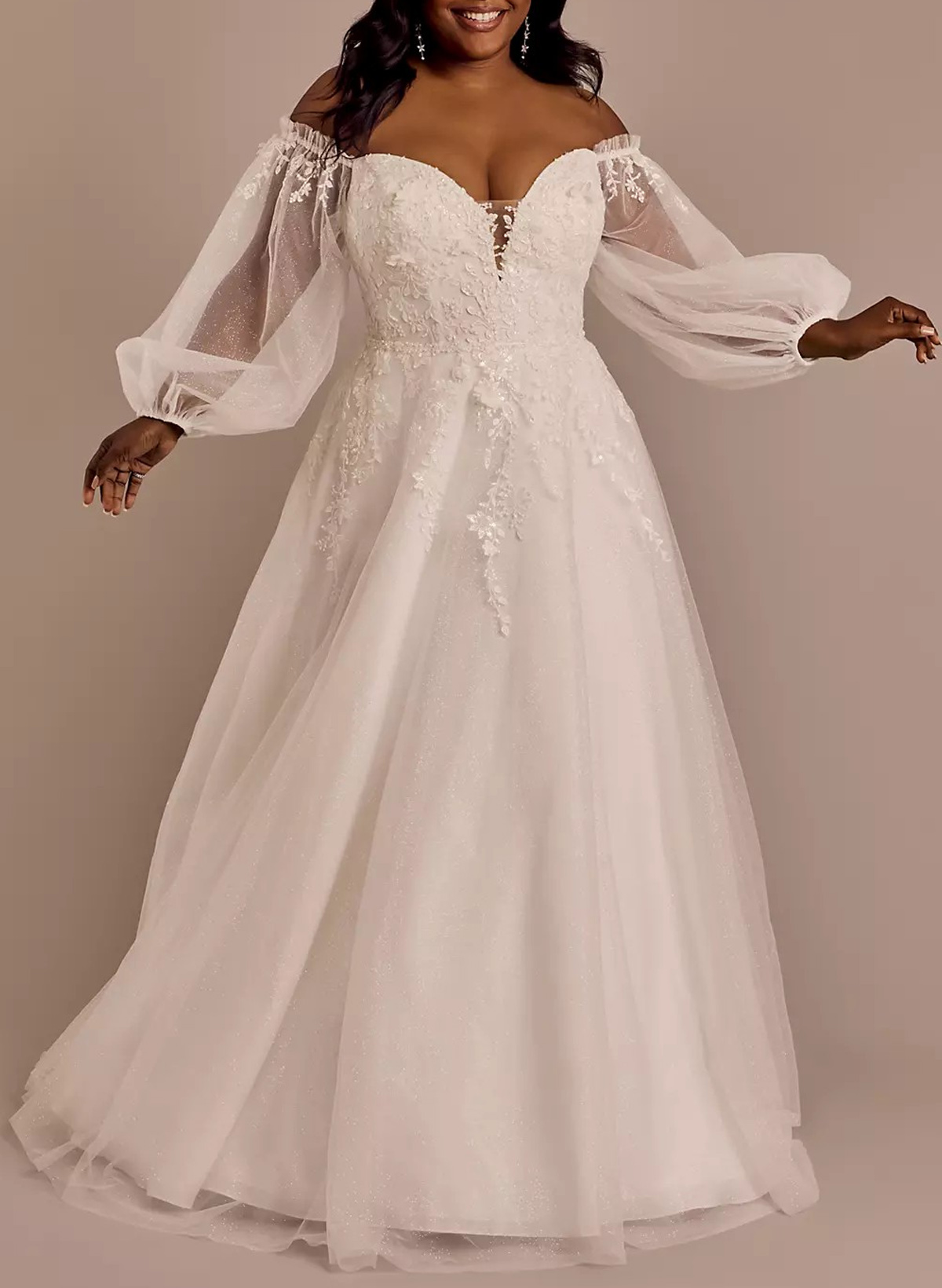 Sparkle & Shine Off-The-Shoulder/Sweetheart Long Sleeves A-Line Sweep Train Lace/Tulle Wedding Dresses With Sequins/Flower(s)
