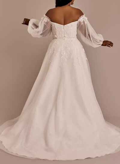 Sparkle & Shine Off-The-Shoulder/Sweetheart Long Sleeves A-Line Sweep Train Lace/Tulle Wedding Dresses With Sequins/Flower(s)