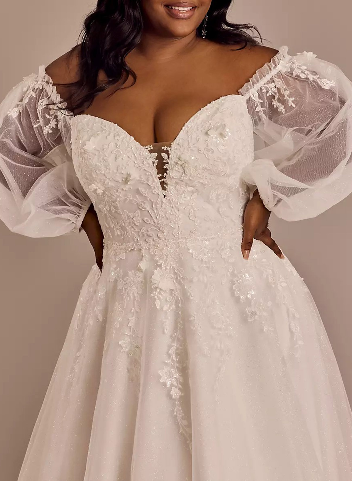 Sparkle & Shine Off-The-Shoulder/Sweetheart Long Sleeves A-Line Sweep Train Lace/Tulle Wedding Dresses With Sequins/Flower(s)