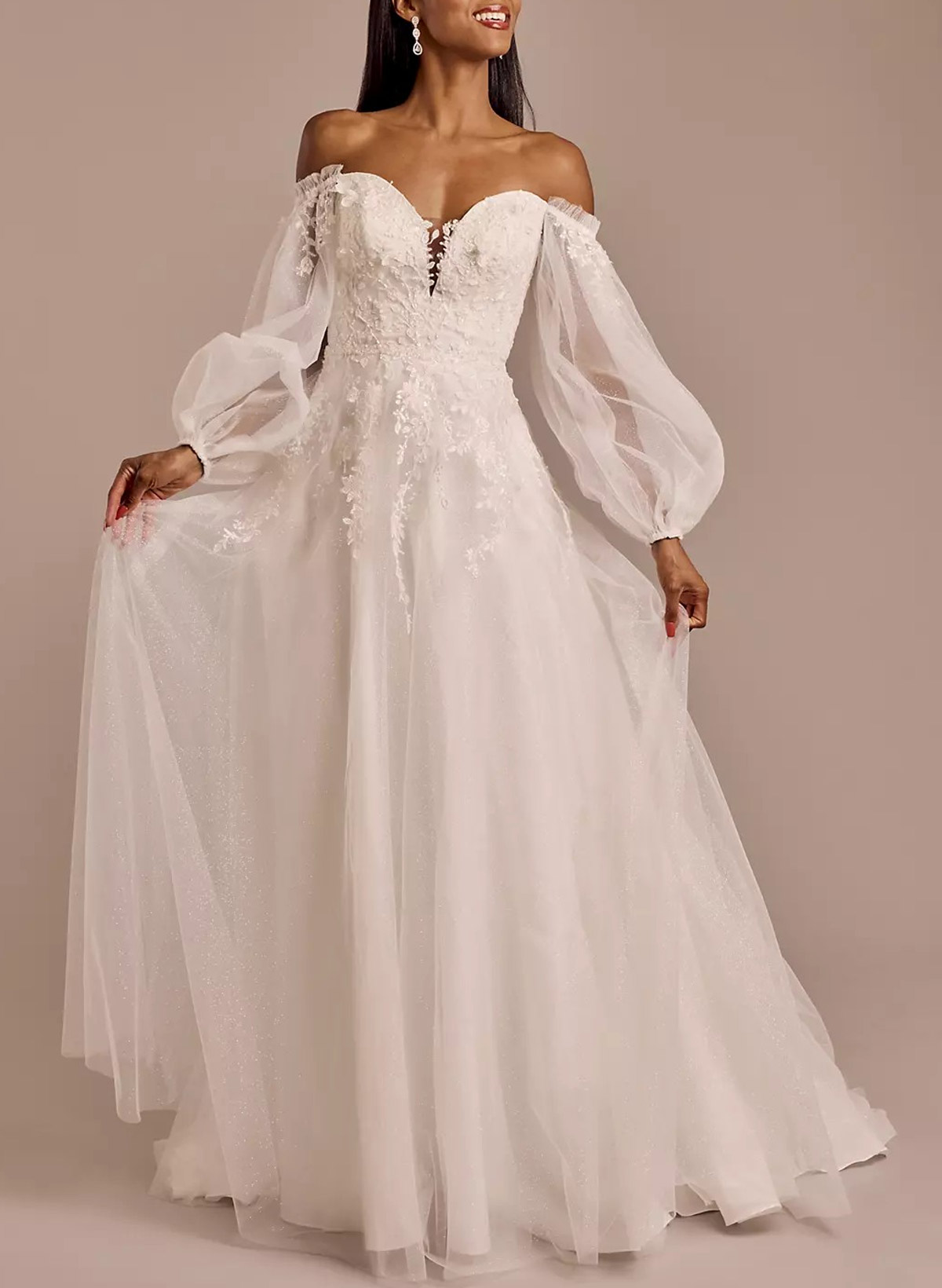 Sparkle & Shine Off-The-Shoulder/Sweetheart Long Sleeves A-Line Sweep Train Lace/Tulle Wedding Dresses With Sequins/Flower(s)
