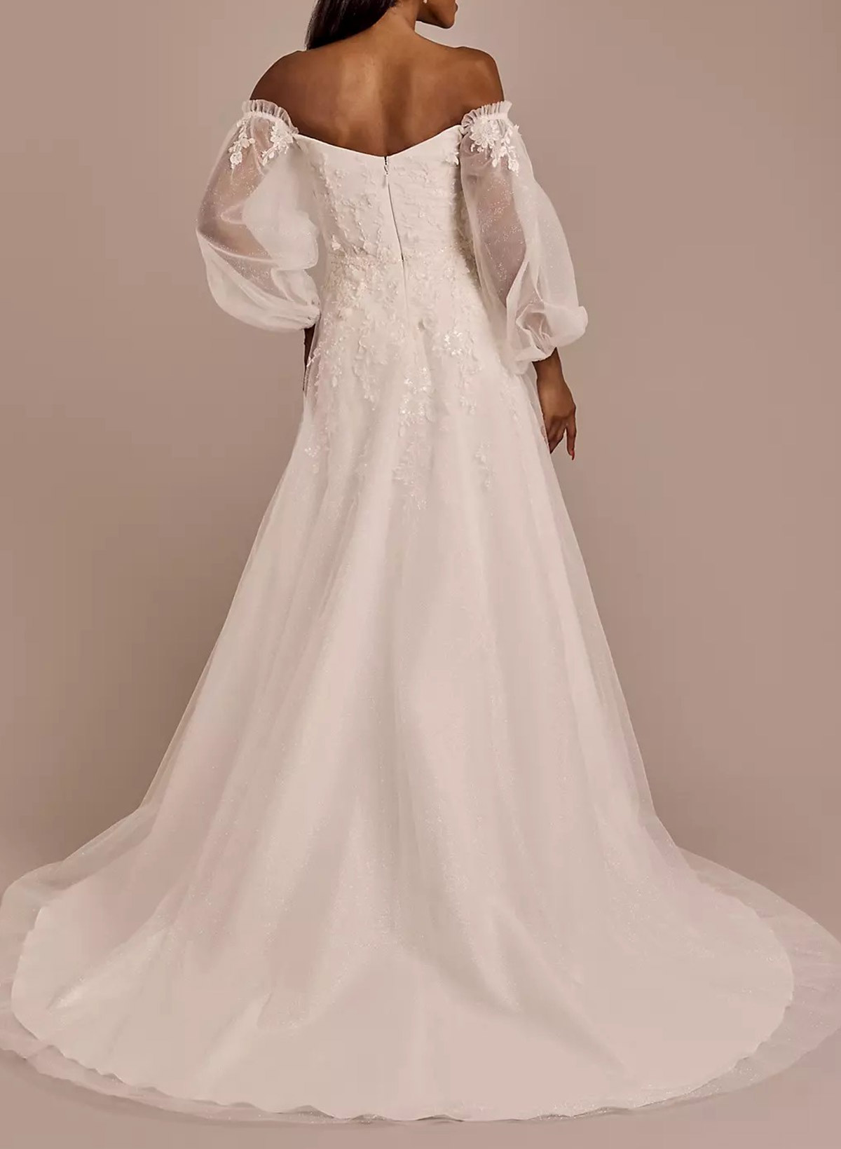 Sparkle & Shine Off-The-Shoulder/Sweetheart Long Sleeves A-Line Sweep Train Lace/Tulle Wedding Dresses With Sequins/Flower(s)