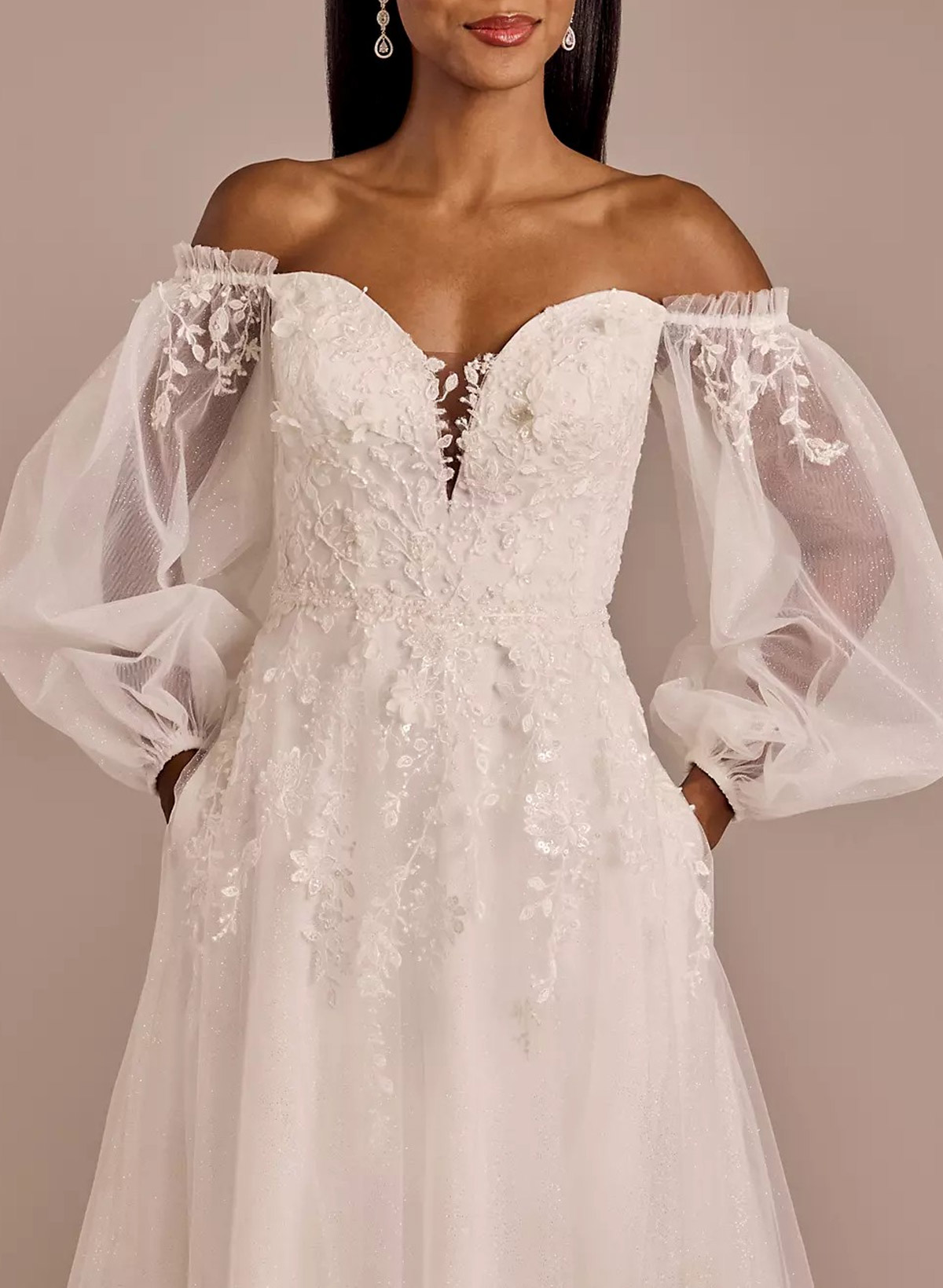 Sparkle & Shine Off-The-Shoulder/Sweetheart Long Sleeves A-Line Sweep Train Lace/Tulle Wedding Dresses With Sequins/Flower(s)