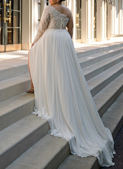 Elegant One-Shoulder/Illusion Neck Long Sleeves A-Line Court Train Chiffon/Tulle Wedding Dresses With Beading/High Split
