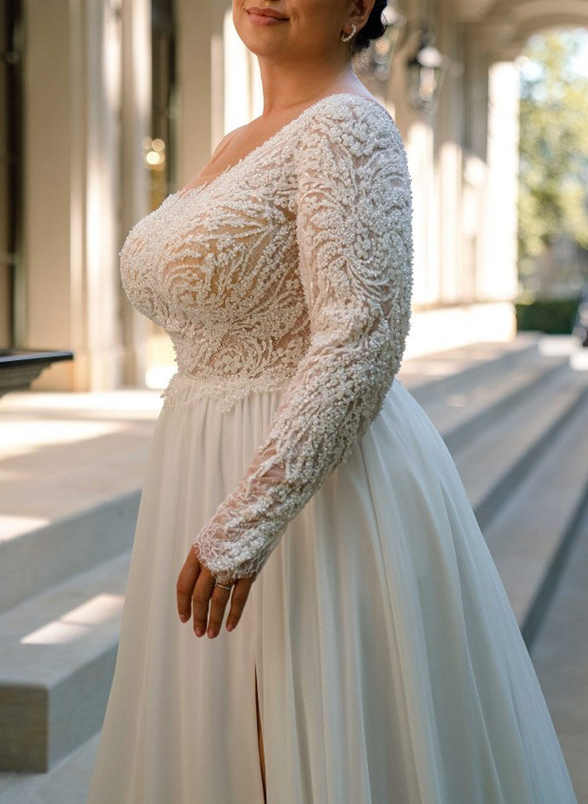 Elegant One-Shoulder/Illusion Neck Long Sleeves A-Line Court Train Chiffon/Tulle Wedding Dresses With Beading/High Split