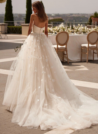 Ball-Gown Sweetheart Sleeveless Court Train Satin/Tulle Wedding Dresses With Appliques Lace