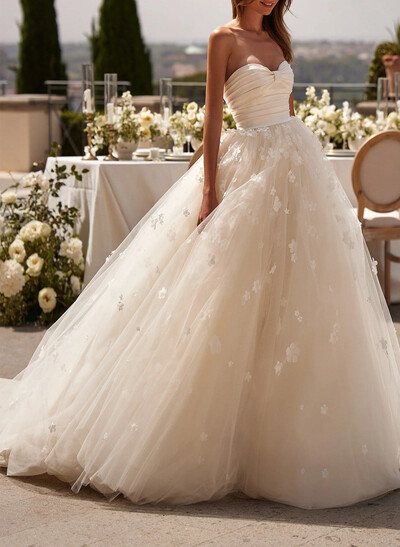 Ball-Gown Sweetheart Sleeveless Court Train Satin/Tulle Wedding Dresses With Appliques Lace