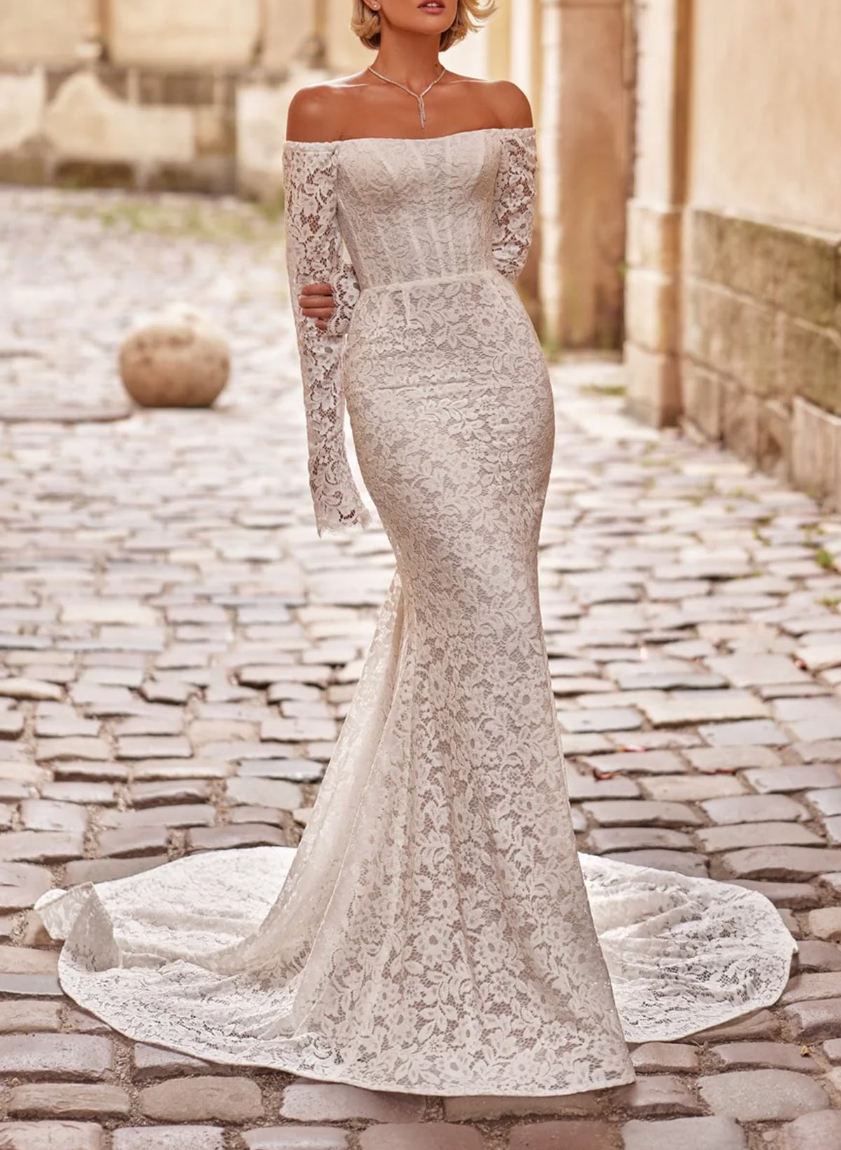 Trumpet/Mermaid Off-The-Shoulder Long Sleeves Sweep Train Lace Wedding Dresses
